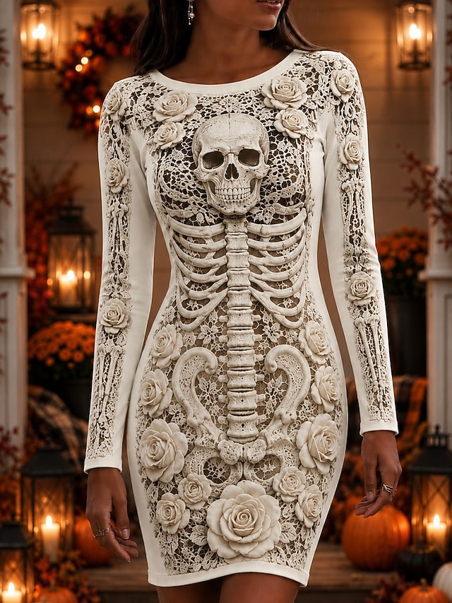 Halloween Women's Mini Dress T Shirt Dress Tee Dress Bodycon Dress Vacation Casual Party Slim Long Sleeve Crew Neck Round Neck White Black Wine Red Spring Fall Winter - White