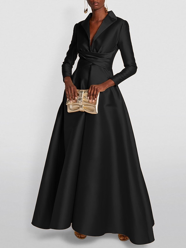 A-Line Floor Length Wedding Guest Dress Formal Dresses Flare Dress Mother of the Bride Dress Long Sleeve Shirt Collar Elegant Formal Wedding Guest Satin with Ruched - Black