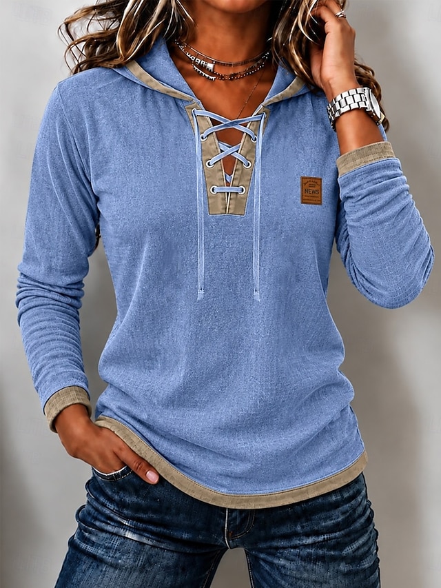 Women's Washed Cotton 100% Cotton Plain Vintage Fashion Stylish Long Sleeve Hooded Regular Tops Casual Blue Khaki Black Spring Fall Winter - Blue