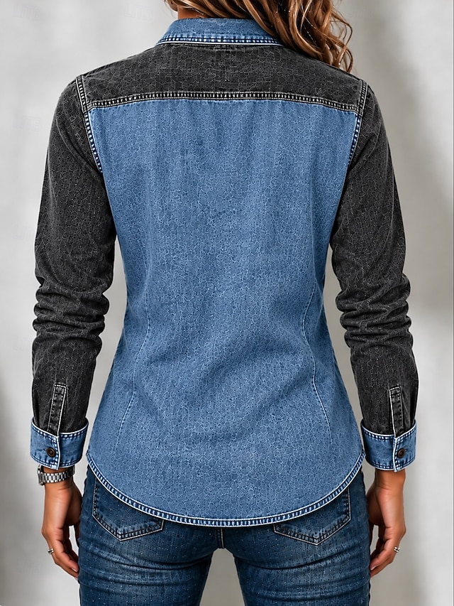 Women's Denim Blouse Denim Shirt Henley Shirt Patchwork Zipper Plain Vintage Fashion Stylish Long Sleeve Stand Collar Regular Tops Casual Blue Khaki Red Spring Fall Winter - Blue