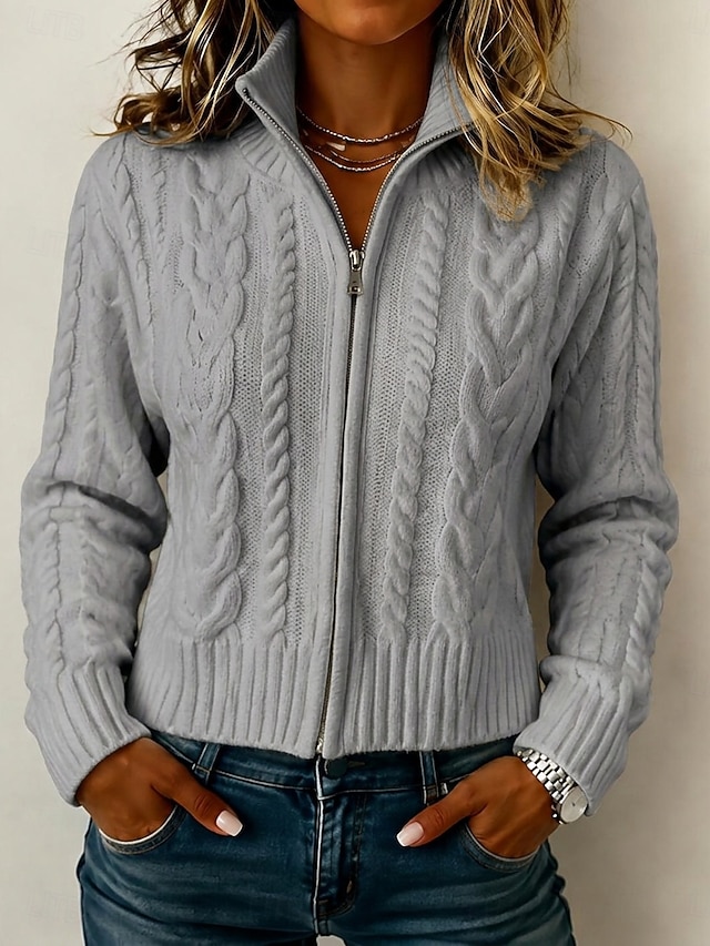 Women's Sweater Cardigan Sweater Streetwear Work Casual Solid Color Cable Stand Collar Zipper Long Sleeve Crop Tops Knit White Black Fall Winter - Gray