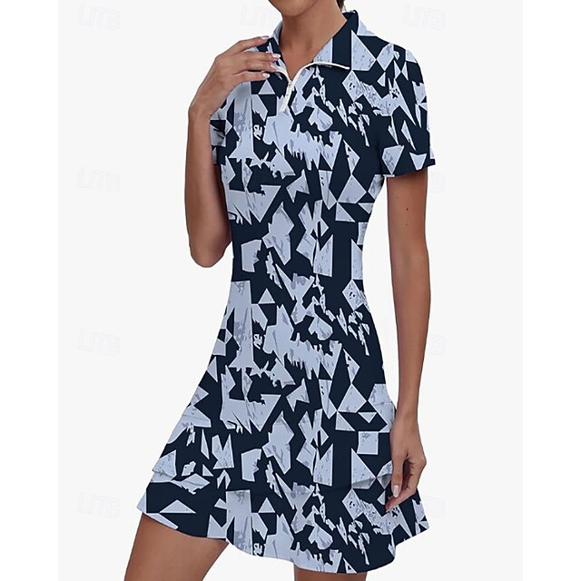 Women's Graphic Leopard Geometric Tennis Dress Sports Dress Golf Polo Dress Short Sleeve Quarter Zip Asymmetrical Elastic Sweat-Wicking Breathable Tennis Golf Badminton Polo Collar Dress White Forest - Blue Black