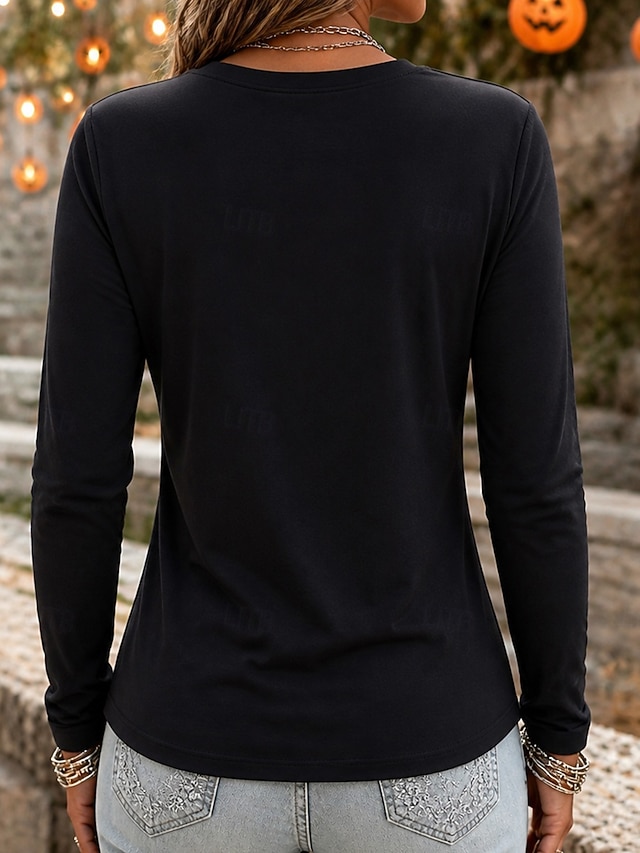 Halloween Women's 100% Cotton Cotton Shirt Stylish Classic Casual Long Sleeve Crew Neck Round Neck Regular Tops Casual White Black Red Purple Spring Fall - Black