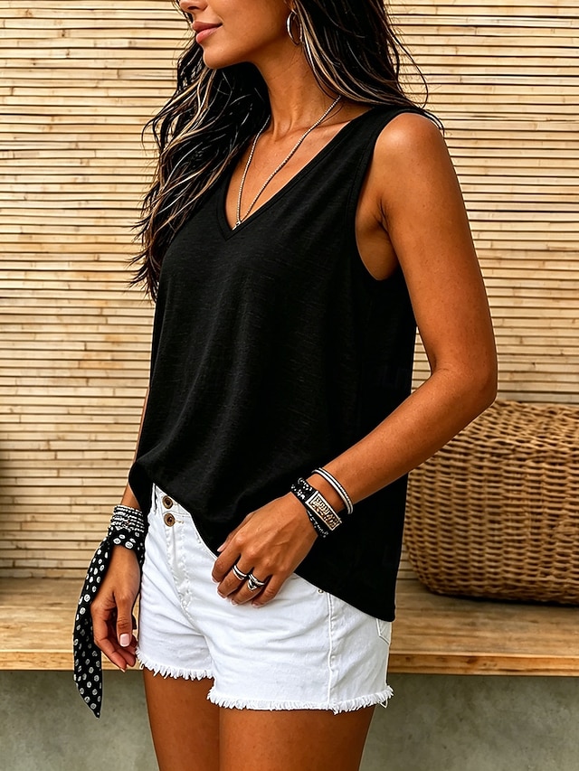 Women's Vintage Cozy 100% Cotton Sleeveless V Neck Regular Tank Top Black White Green Khaki Summer Spring - Black