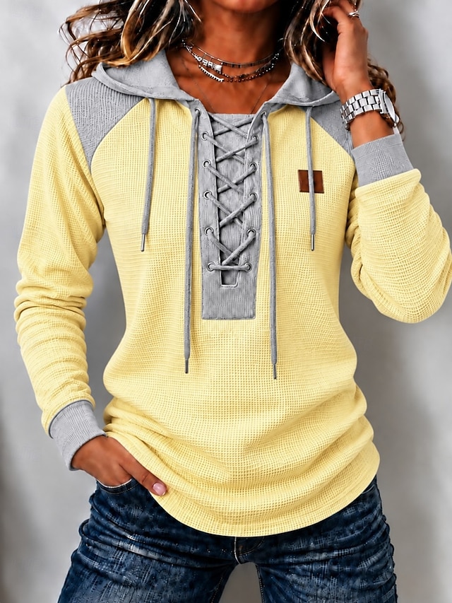 Women's Waffle Polo Shirts Drawstring Solid Color Bohemia Active Vacation Long Sleeve Hooded Regular Tops Casual Blue White Yellow Red Spring Fall Winter - Yellow