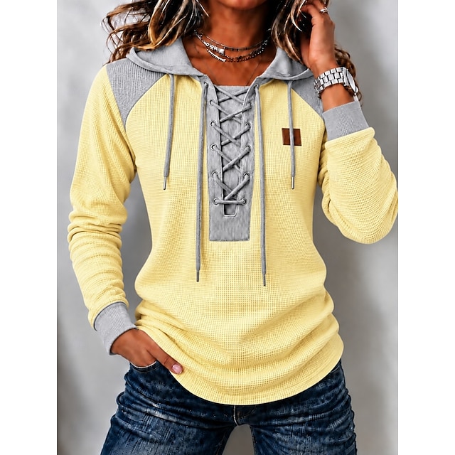 Women's Waffle Polo Shirts Drawstring Solid Color Bohemia Active Vacation Long Sleeve Hooded Regular Tops Casual Blue White Yellow Red Spring Fall Winter - Yellow
