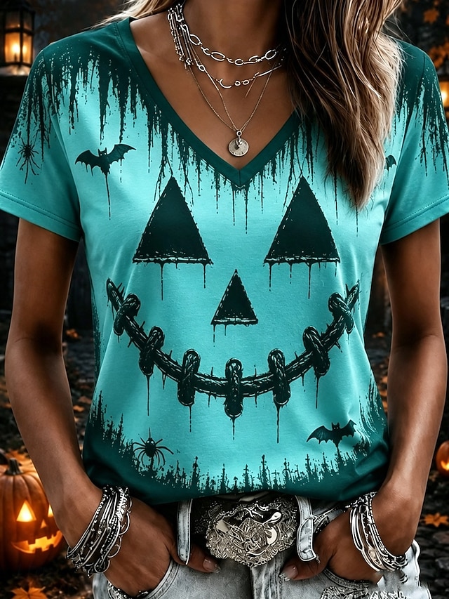 Halloween Women's T Shirt Print Graphic Abstract Vintage Stylish Casual Short Sleeve V Neck Regular Tops Casual Daily Weekend Blue Purple Orange Fall Winter - Blue