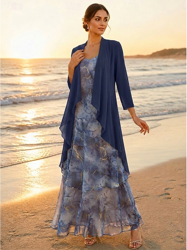 Two Piece A-Line Floor Length Wedding Guest Dress Mother of the Bride Dress 3/4 Length Sleeve Scoop Neck Elegant Simple Minimalist Formal Semi Formal Foiled Chiffon with Floral Print Ruffles - Dark Navy