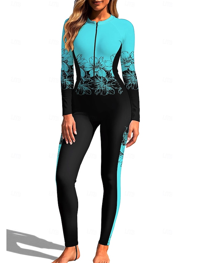 Women's Regular Rash Guard Full Body Rash Guard One Piece Surfing Suit Floral Tropical Color-blocking Zip Up with Built in Bra Front Zip UV Sun Protection Full Coverage UPF50+ Long Sleeve Full Body - Lake blue