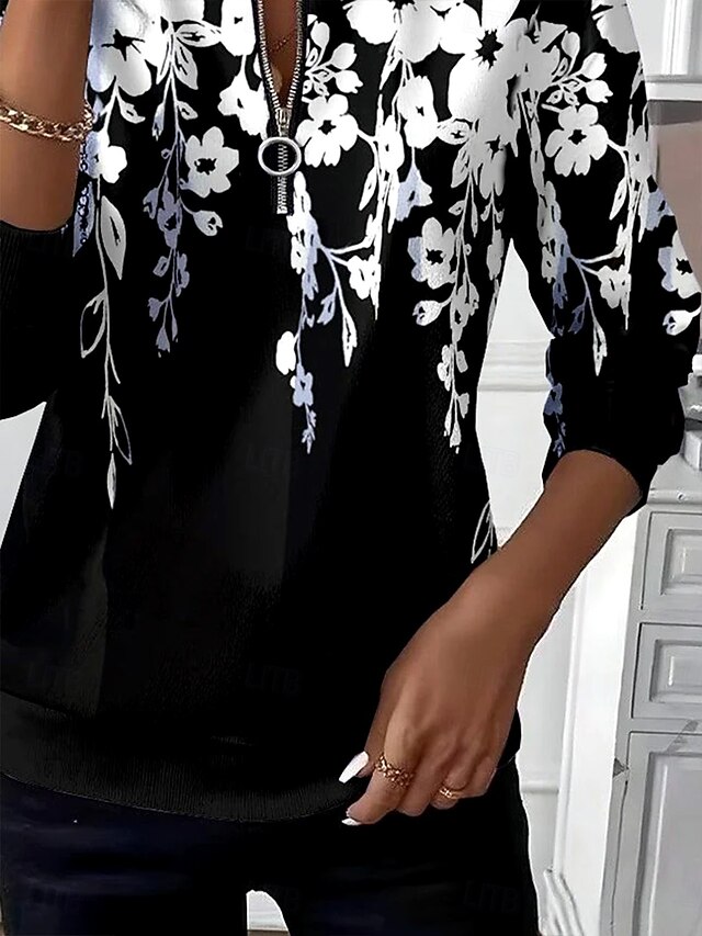 Women's Pullover Sweatshirt Zip Up Sweatshirts Patchwork Zipper Print Floral Graphic Fashion Casual Long Sleeve Crew Neck Round Neck Regular Tops Street Dailywear Black Spring Fall Winter - Black