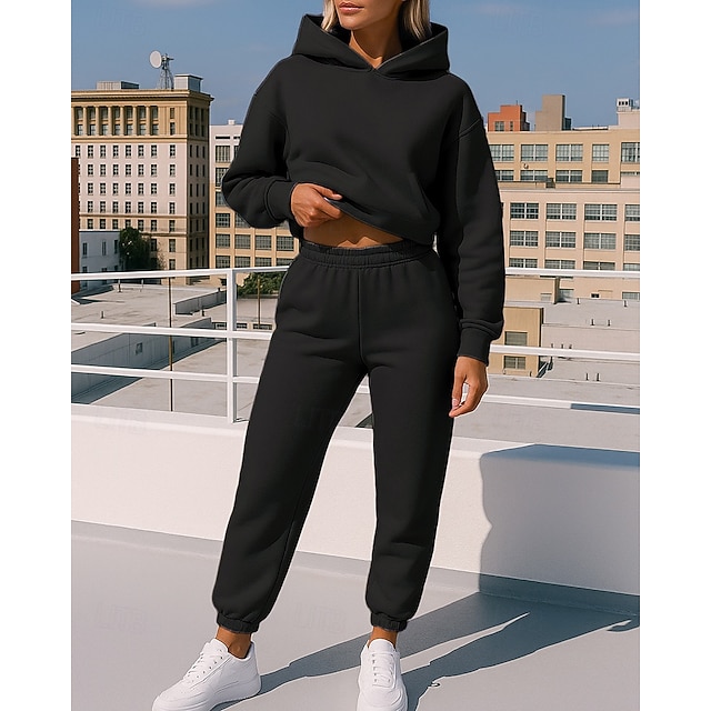 Women's 2 Piece Tracksuit Lounge Hoodie Sweatsuit Sets Solid Colored Clothing Suit Fall Black White Workout Outdoor Travel High Waist Lightweight Fashion Long Sleeve Sport Activewear Micro-elastic - Black