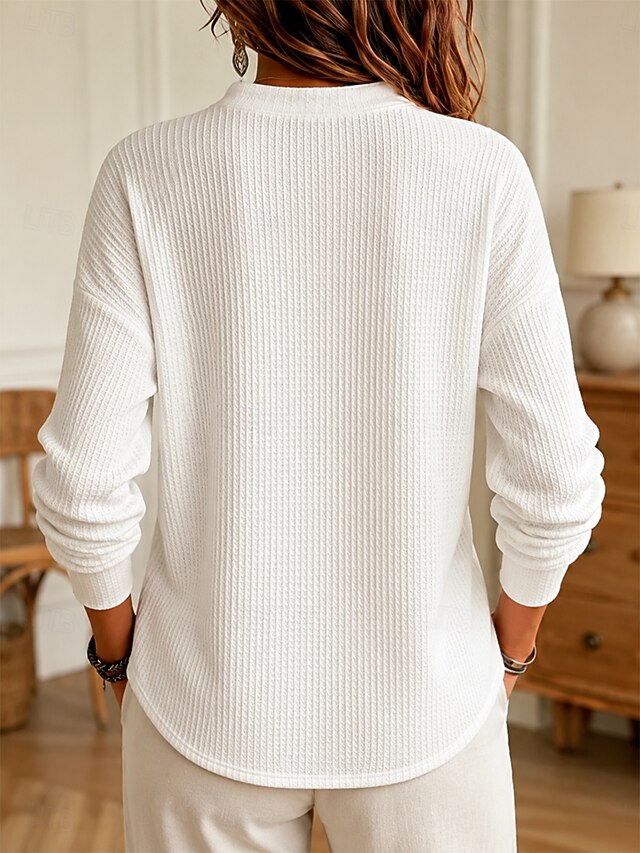 Women's Waffle Shirt Blouse Knit Shirts Texture Solid Color Vintage Fashion Stylish Long Sleeve Collar V Neck Henry Collar Long Tops Casual Daily Going out Blue White Yellow Spring Fall Winter - White