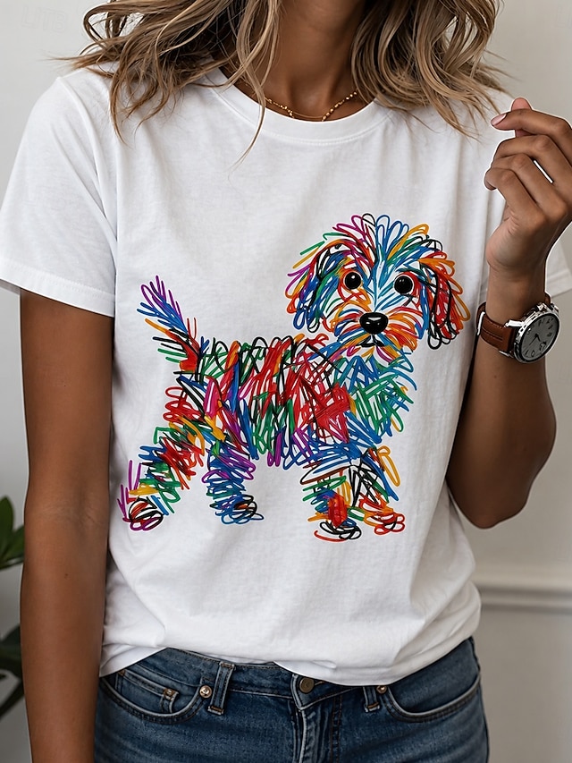 Women's T Shirt Print Graphic Animal Dog Stylish Classic Casual Short Sleeve Crew Neck Regular Tops Casual Daily Blue Yellow Rainbow Summer Spring - Blue