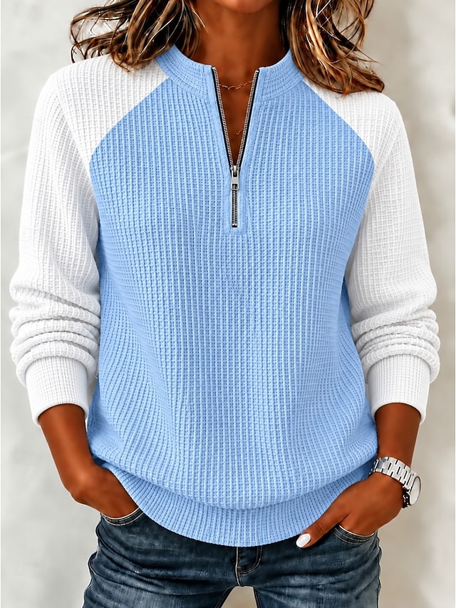 Women's Waffle Polo Shirts Solid Color Bohemia Active Vacation Long Sleeve High Neck Regular Tops Casual Daily Holiday Yellow Red Orange Summer Spring Fall Winter - Red