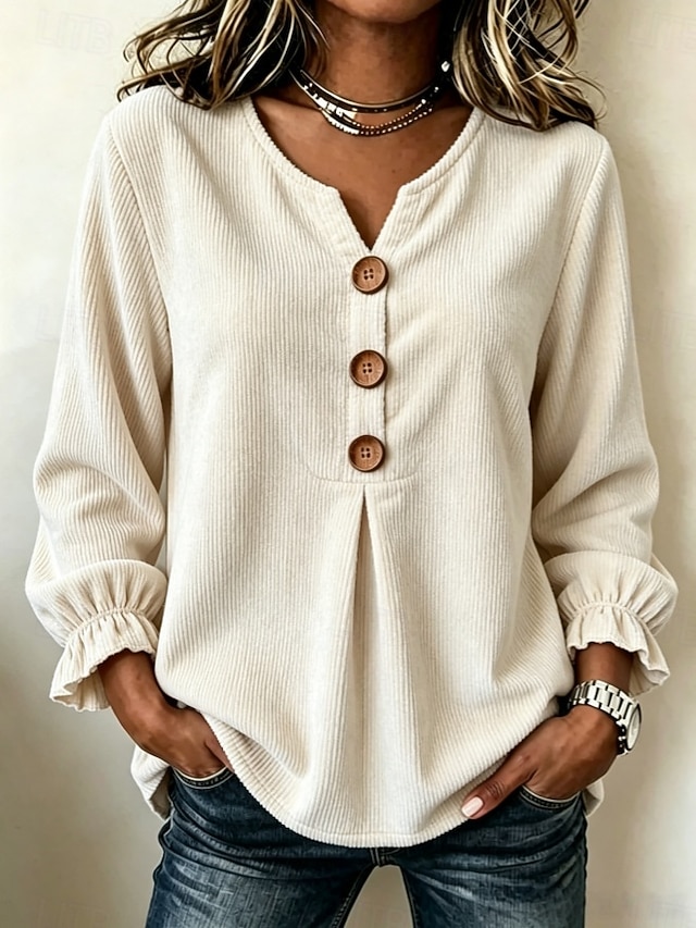 Women's Corduroy Shirt Blouse Ruffle Blouse Solid Color Plain Casual Long Sleeve V Neck Regular Tops Casual claret off white Black Pink Sky Blue Spring Fall - off white