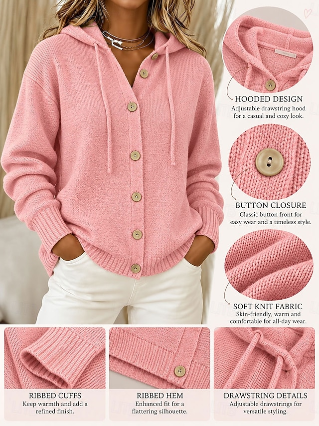 Women's Button Down Knit Cardigan Hooded Long Sleeve Casual Sweater with Drawstring - Pink