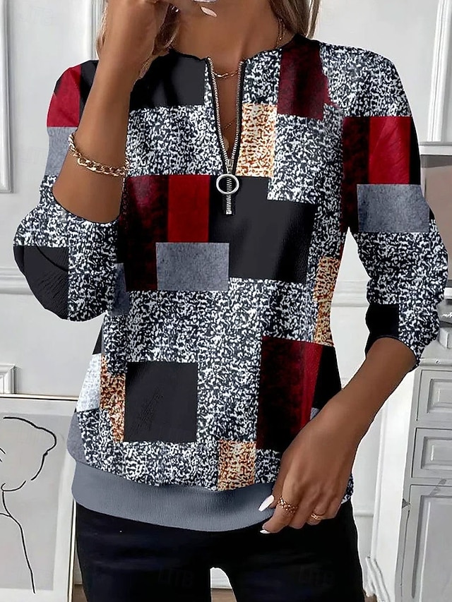 Women's Pullover Sweatshirt Zip Up Sweatshirts Patchwork Zipper Print Graphic Geometric Color Block Fashion Casual Long Sleeve Crew Neck Regular Tops Street Dailywear Black Purple Orange Gray Fall - Gray