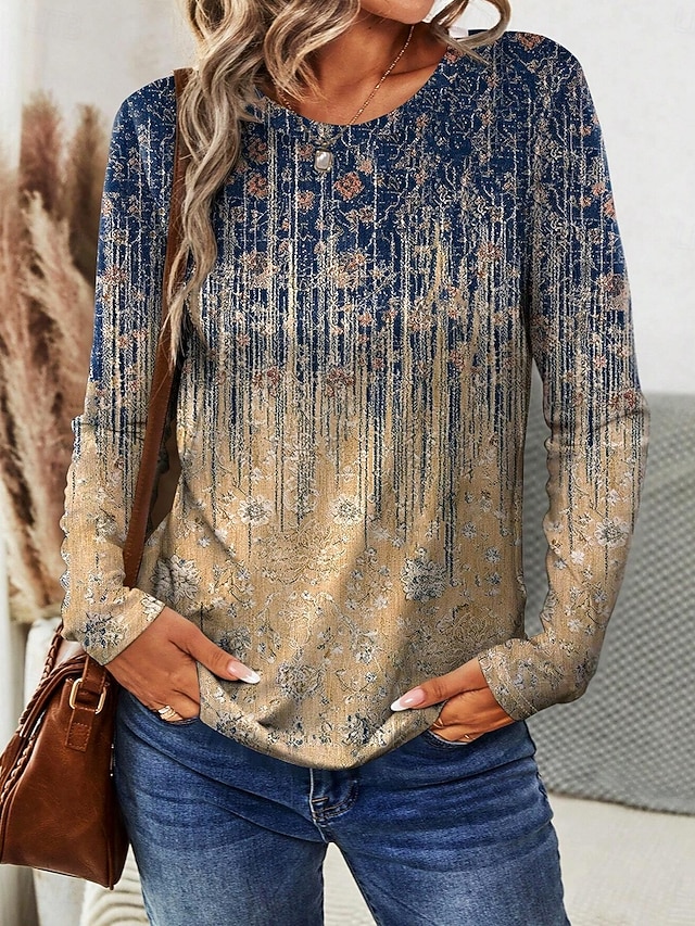 Women's T shirt Long Sleeve Crew Neck Long Sleeve Tunic Ombre Graphic Casual Regular Tops Daily Print Khaki Spring Fall Prefall - Khaki