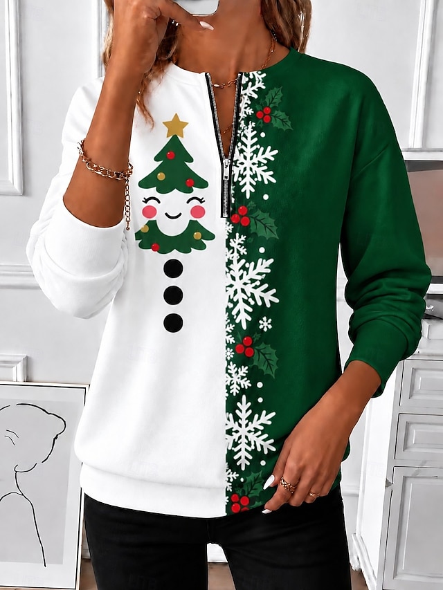 Christmas Women's Zip Up Sweatshirts Zipper Print Graphic Abstract Fashion Casual Long Sleeve Round Neck Regular Tops Street Dailywear Blue Black Red Green Fall Winter - Green