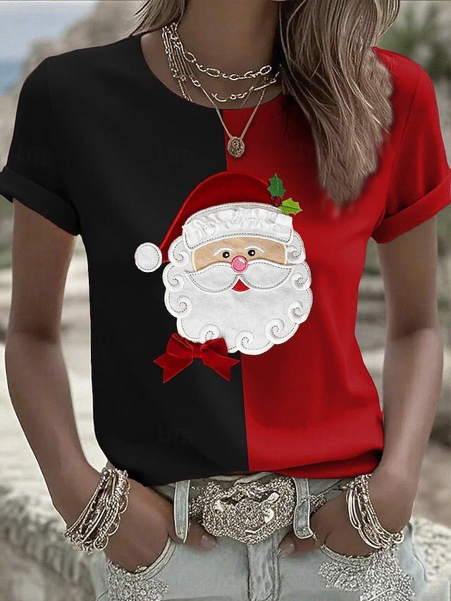 Christmas Women's T Shirt Graphic Claus Vintage Stylish Modern Short Sleeve Round Neck Regular Tops Daily Print Black Red Green Fall Winter - Black
