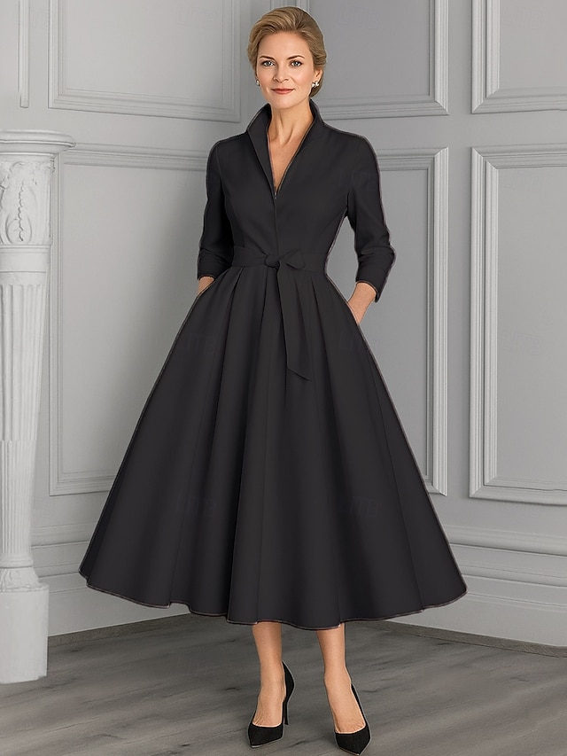 A-Line Ankle Length Party Dress Cocktail Dress Wedding Guest Dress Mother of the Bride Dress Long Sleeve V Neck Elegant Vintage Party Formal Evening Wedding Party Birthday with Pleats - Black