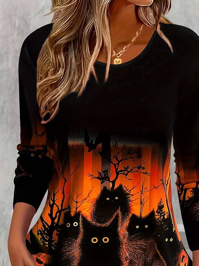 Halloween Women's Black Cat Spooky Forest Graphic T Shirt Glowing Eyes Bat Print Long Sleeve Crew Neck Casual Top Black Orange - Orange