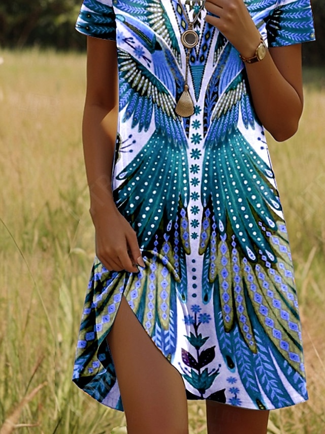 Women's Mini Dress Boho Casual Dress Petite Dress T Shirt Dress Tee Dress Sundress Stylish Casual Vacation Casual Daily Regular Fit Graphic Short Sleeve Crew Neck Maroon Pink Blue Green Spring - Blue