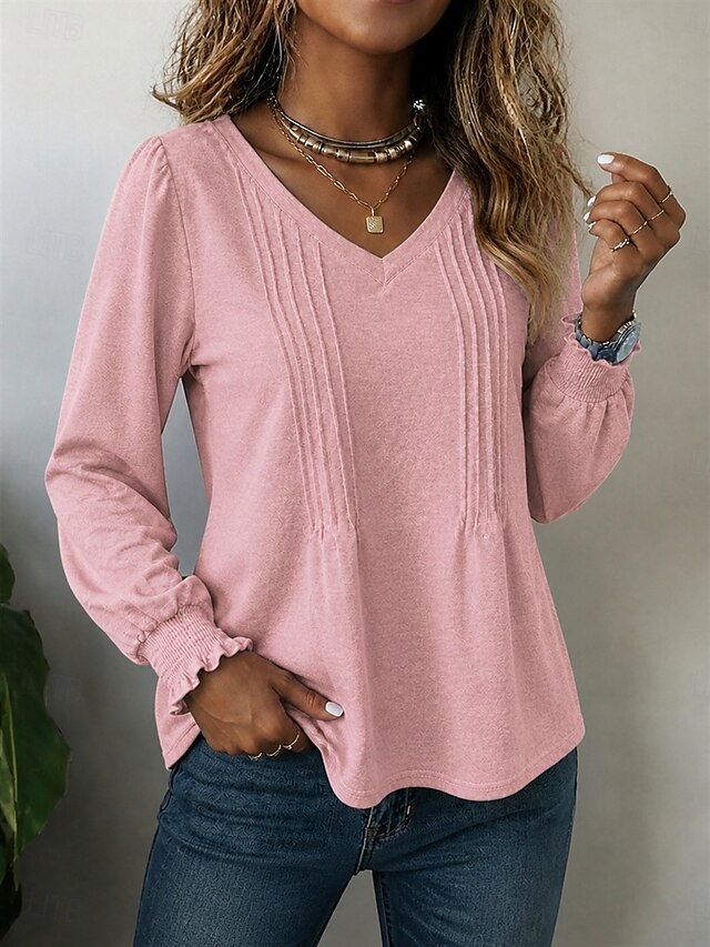 Women's T Shirt Tee Top Basic Classic Trendy Long Sleeve V Neck Regular Tops Casual Daily Blue White Black Pink Purple Spring Fall - Pink
