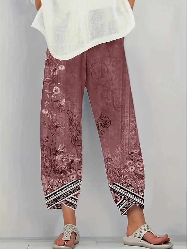 Women's Wide Leg Chinos Baggy Pants Beach Shorts Vacation Vintage Ethnic Style Ankle-Length High Waist Floral Graphic Printing Thermal Warm Soft Breathable Micro-elastic Casual Daily Vacation Ash - Red