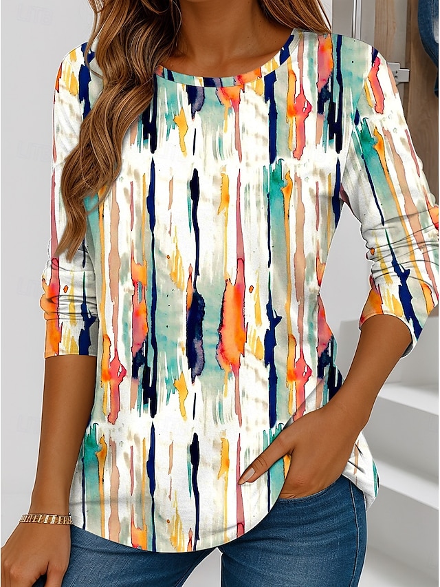 Women's T shirt Long Sleeve Crew Neck Long Sleeve Tunic Graphic Geometric Striped Vintage Stylish Regular Tops Daily Print White Blue Purple Orange Brown Fall Prefall - Khaki