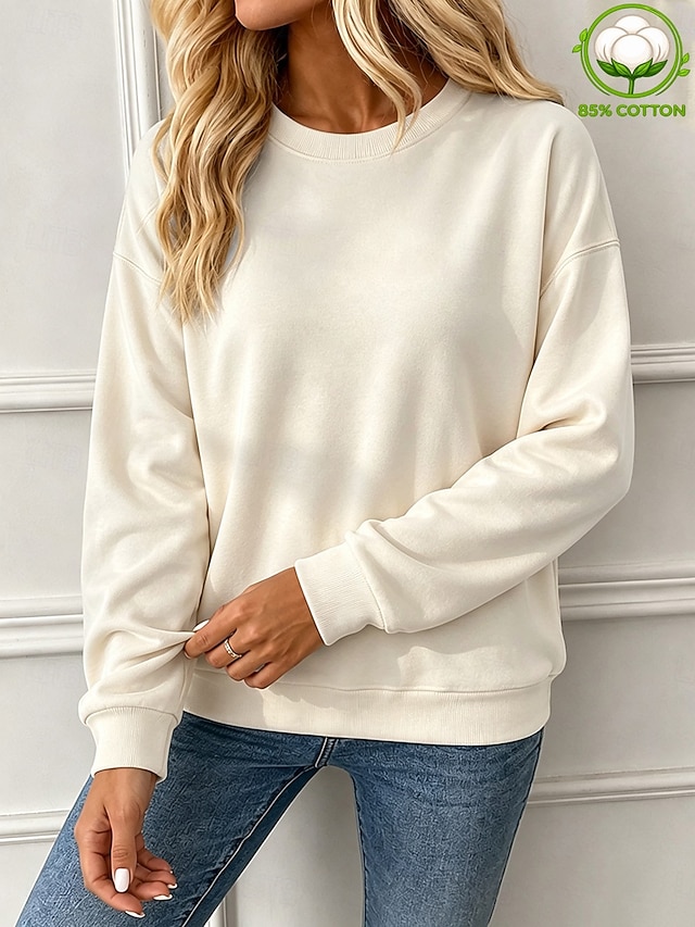 Women's Pullover Sweatshirt Cotton Elegant Warm Long Sleeve Crew Neck Regular Tops Blue White Black Yellow Pink Spring Fall Winter - Beige