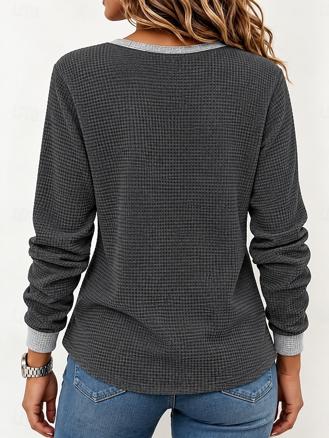 Women's Textured Knit Tops T Shirt Waffle Knit Tops Vintage Fashion Stylish Long Sleeve Henley Regular Tops Casual Going out Vacation Wear Blue Black Gray Spring Fall Winter - Gray