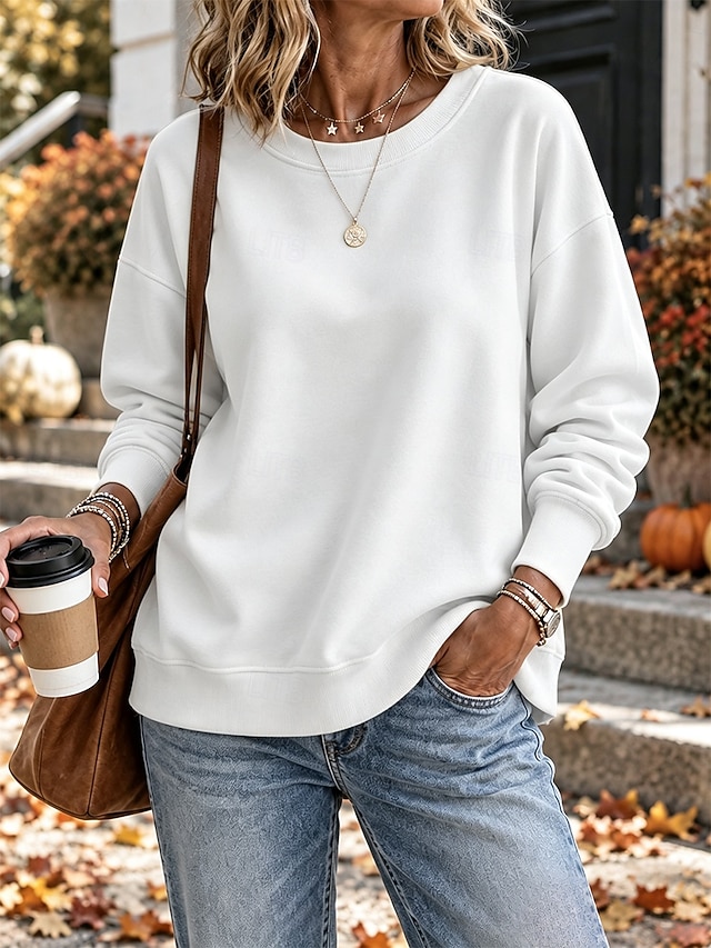Women's Fleece Pullover Sweatshirt Pullover Cotton Elegant Ethnic Romantic Long Sleeve Crew Neck Round Neck Regular Tops Casual Holiday Blue White Black Yellow Red Spring Fall Winter - White