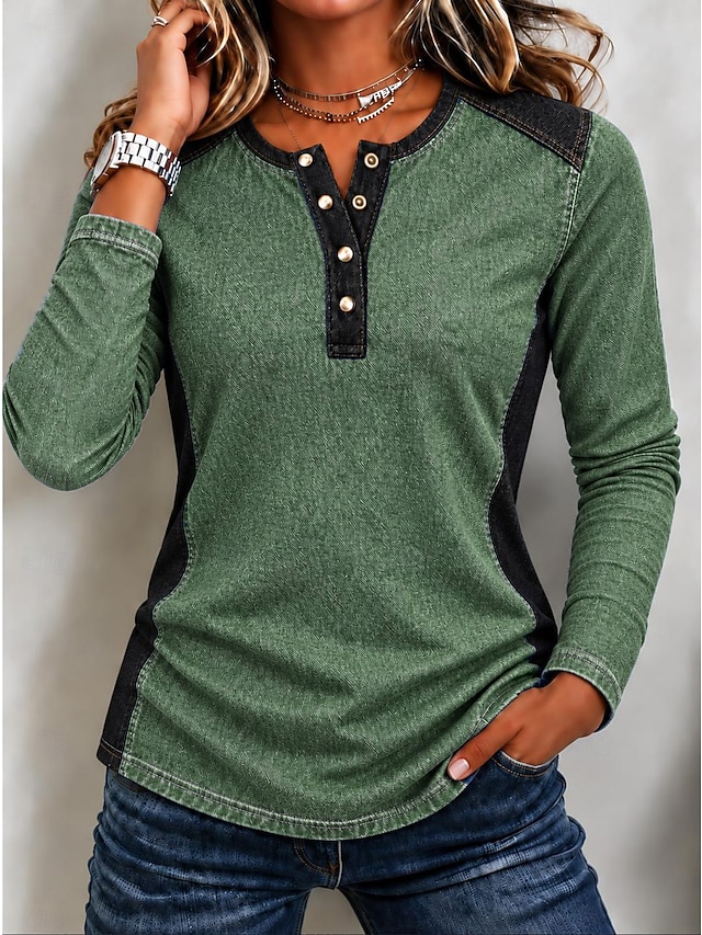 Women's Denim Blouse Denim Shirt Solid Color Bohemia Active Vacation Long Sleeve Polo Collar Regular Tops Casual Daily Holiday Khaki Teal Green Summer Spring Fall Winter - Green