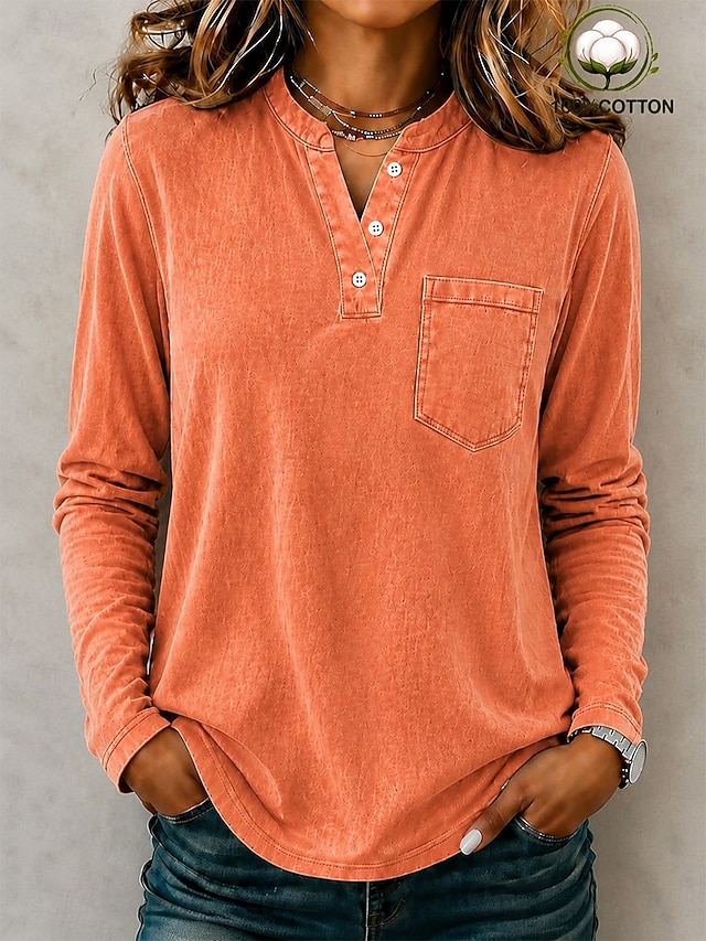 Women's Washed Cotton 100% Cotton Henley Shirt Solid Color Vintage Fashion Stylish Long Sleeve Crew Neck Long Tops Casual Beach Blue Purple Orange Spring Fall Winter - Orange