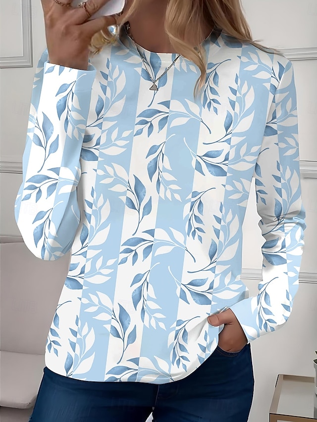 Women's T shirt Long Sleeve Crew Neck Long Sleeve Tunic Floral Casual Regular Tops Daily Print Sage Green Pink Blue Sky Blue Purple Spring Fall Prefall - Sky Blue