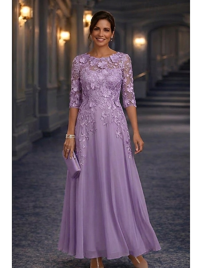 A-Line Floor Length Lace Dress Mother of the Bride Dress Long Sleeve Crew Neck Illusion Neck Elegant Vintage Formal Wedding Guest Wedding Party Chiffon Lace with Floral Print 3D Flowers Embroidery - Wisteria