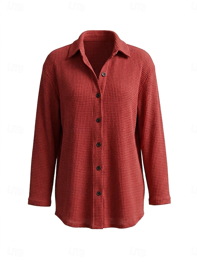Women's Casual Vintage Waffle Knit Shirt Texture Buttons Long Sleeve Turndown Long Tops Black Yellow Burgundy Summer Fall - Army Green