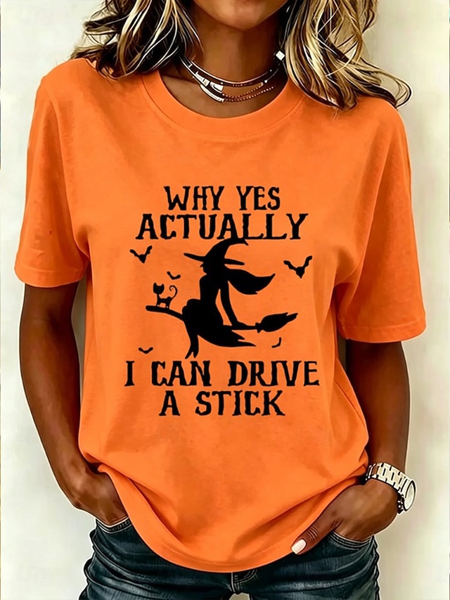 Halloween Women's T Shirt Print Graphic Witch Vintage Stylish Casual Short Sleeve Crew Neck Long Tops Casual Daily Weekend White Black Pink Orange Green Summer Spring Fall Winter - Orange