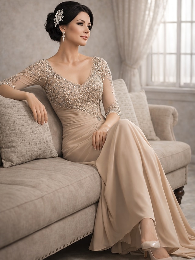 Sheath Column Floor Length Wedding Guest Dress Formal Dresses Evening Gown Mother of the Bride Dress Half Sleeve V Neck Plus Size Sexy See Through Wedding Guest Chiffon Lace with Lace - Champagne
