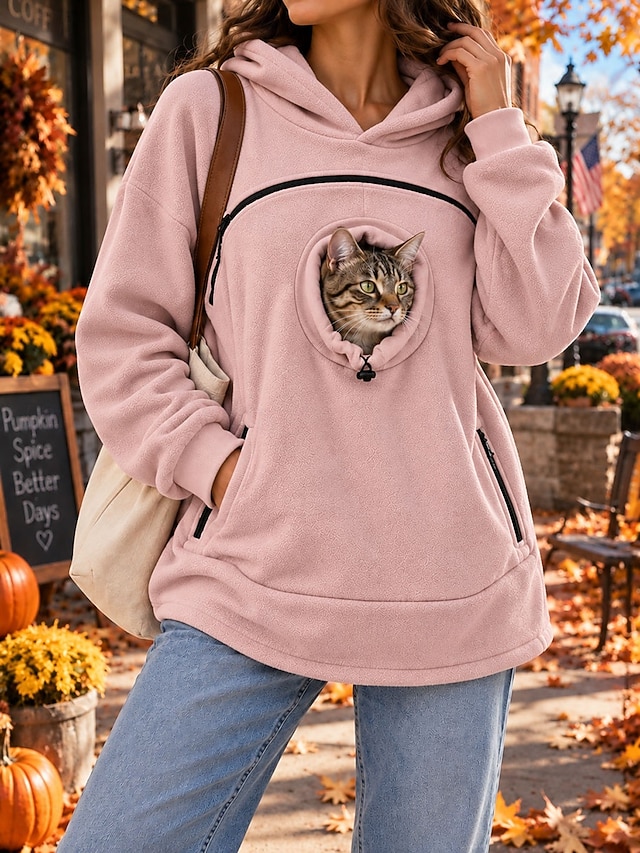 Women's Pet Carrier Hoodie Pet Pouch Hoodie Fleece Casual Long Sleeve Hooded Regular Tops pale pinkish gray Black Olive Green Yellow Red Fall Winter - pale pinkish gray