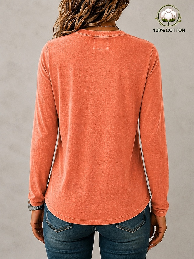 Women's Washed Cotton 100% Cotton Henley Shirt Solid Color Vintage Fashion Stylish Long Sleeve Crew Neck Long Tops Casual Beach Blue Purple Orange Spring Fall Winter - Orange