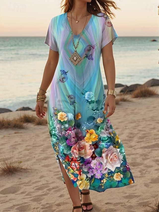 Women's Maxi Dress Casual Dress A Line Dress Stylish Casual Vacation Daily Regular Fit Floral Short Sleeve V Neck White Light Green Blue Green Summer Spring - Blue