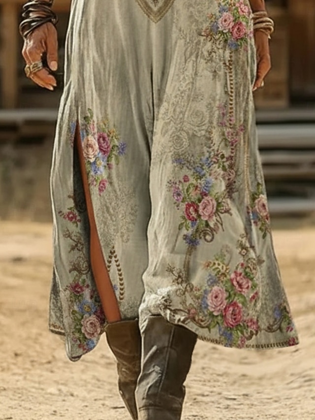 Women's Maxi long Dress Boho Dress Casual Dress A Line Dress Print Dress Vintage Outdoor Vacation Weekend Regular Fit Floral Graphic Short Sleeve V Neck Blue Dark Green Light Purple Green Summer - Green
