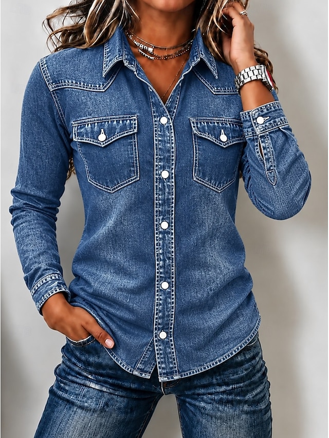 Women's Denim Blouse Denim Shirt Henley Shirt Graphic Plain Vintage Fashion Stylish Long Sleeve Regular Tops Casual Beach Blue Black Red Green Spring Fall Winter - Blue