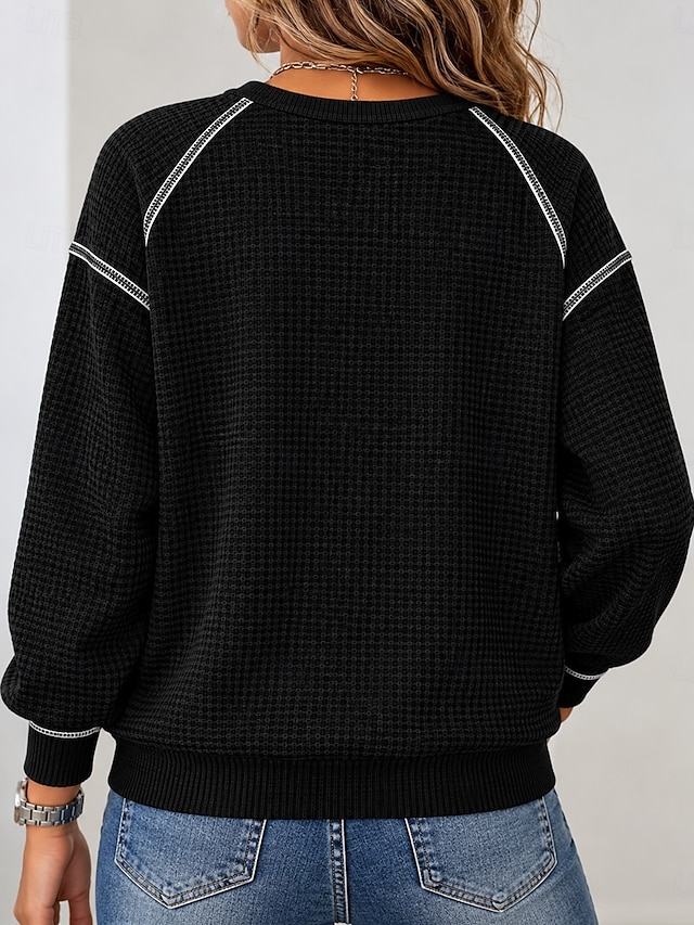 Women's Waffle Hoodies Pullover Warm Vintage Fashion Long Sleeve Crew Neck Regular Tops Black Spring Fall Winter - Black