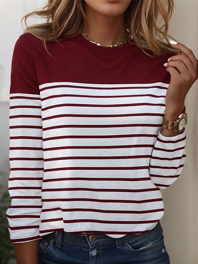 Women's T shirt Long Sleeve Crew Neck Long Sleeve Tunic Striped Basic Round Neck Regular Tops Daily Weekend Print Black White Red Blue Gray Fall & Winter Prefall - Red