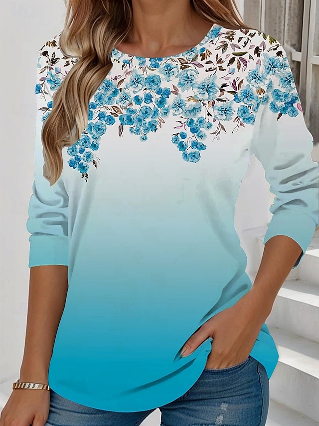 Women's T shirt Long Sleeve Crew Neck Long Sleeve Tunic Floral Graphic Plants Vintage Stylish Classic Round Neck Regular Tops Daily Weekend Print Yellow Light Green Blue Sky Blue Purple Prefall - Sky Blue