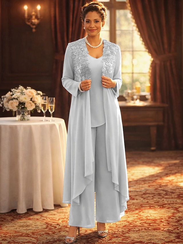 Jumpsuit Pantsuit 3 Piece Floor Length Mother of the Bride Dress Sleeveless V Neck Elegant Party Formal Wedding Guest Lace Linen Cotton Blend Jacket Dresses with Beading Appliques - Light Grey