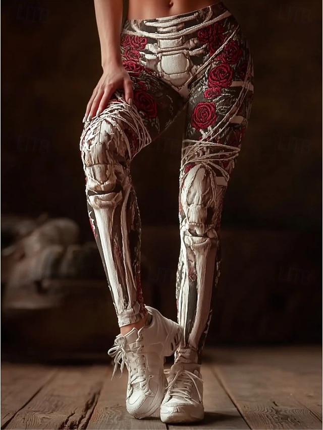 Halloween Women's Skeleton Anatomy Print Leggings Bone Muscle Graphic High Waist Full Length Stretchy Gothic Costume Pants Black Red - Dark Grey